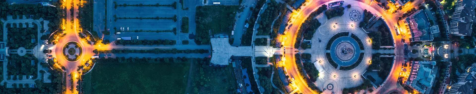 Overhead view of city streets at night