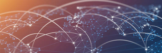 Abstract polygon graphic background depicting a world map with network connected lines to depict network connections.